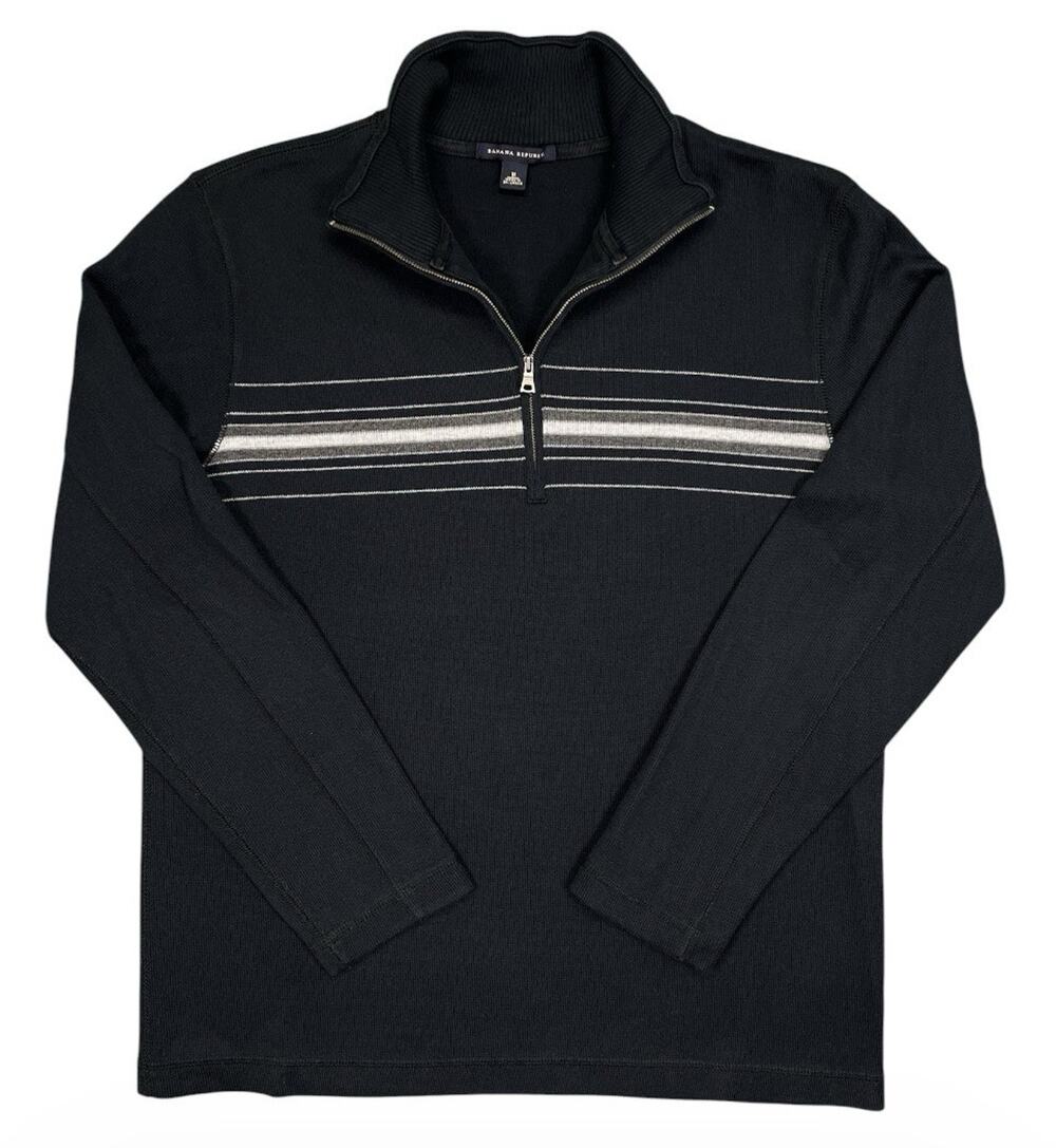 Banana Republic Men’s Black Quarter Zip Sweater Gray Stripe Chest M